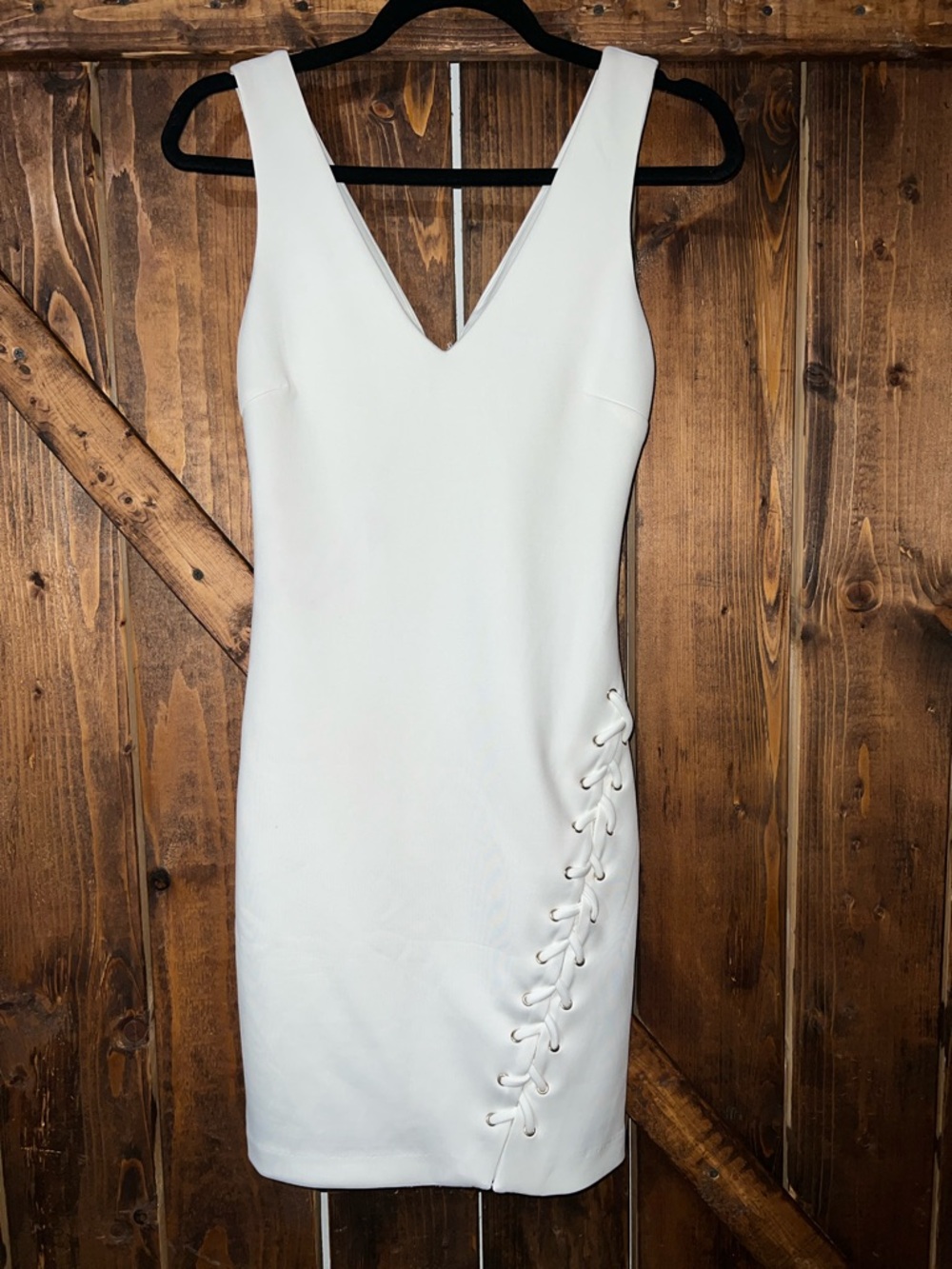 Guess White V-Neck Lace-Up Side Bodycon Mini Dress